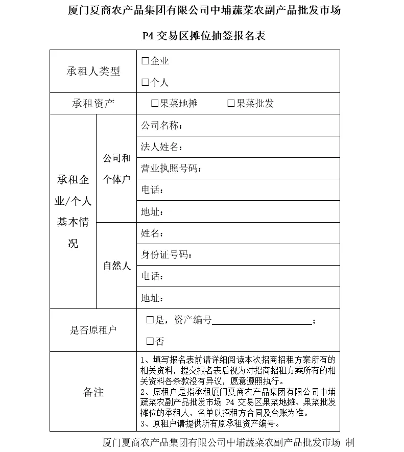 厦门夏商农产品集团有限公司中埔蔬菜农副产品批发市场招租公告